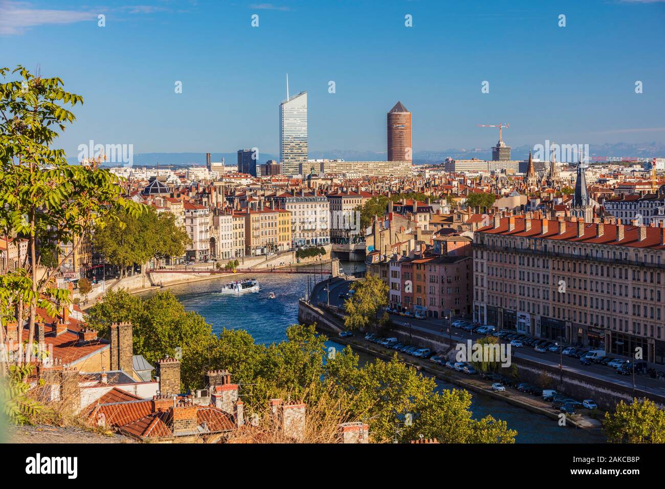 France, Rhone, Lyon, historic district listed as a UNESCO World Heritage site, panorama from Les Pentes de la Croix-Rousse district, Part-Dieu tower (or the pencil) and Incity tower (or eraser) Stock Photo