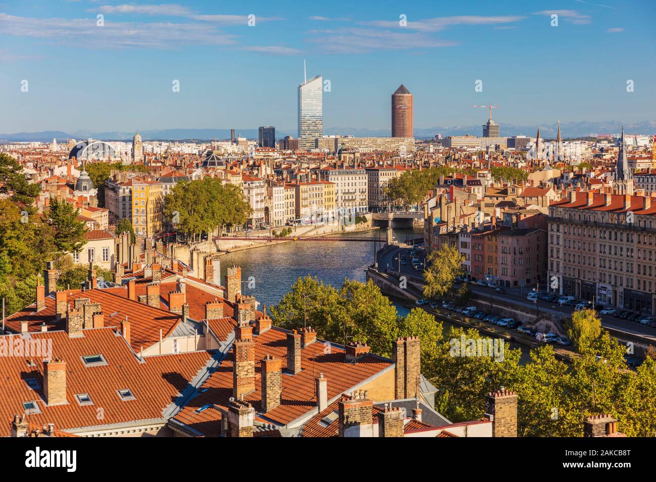 France, Rhone, Lyon, historic district listed as a UNESCO World Heritage site, panorama from Les Pentes de la Croix-Rousse district, Part-Dieu tower (or the pencil) and Incity tower (or eraser) Stock Photo
