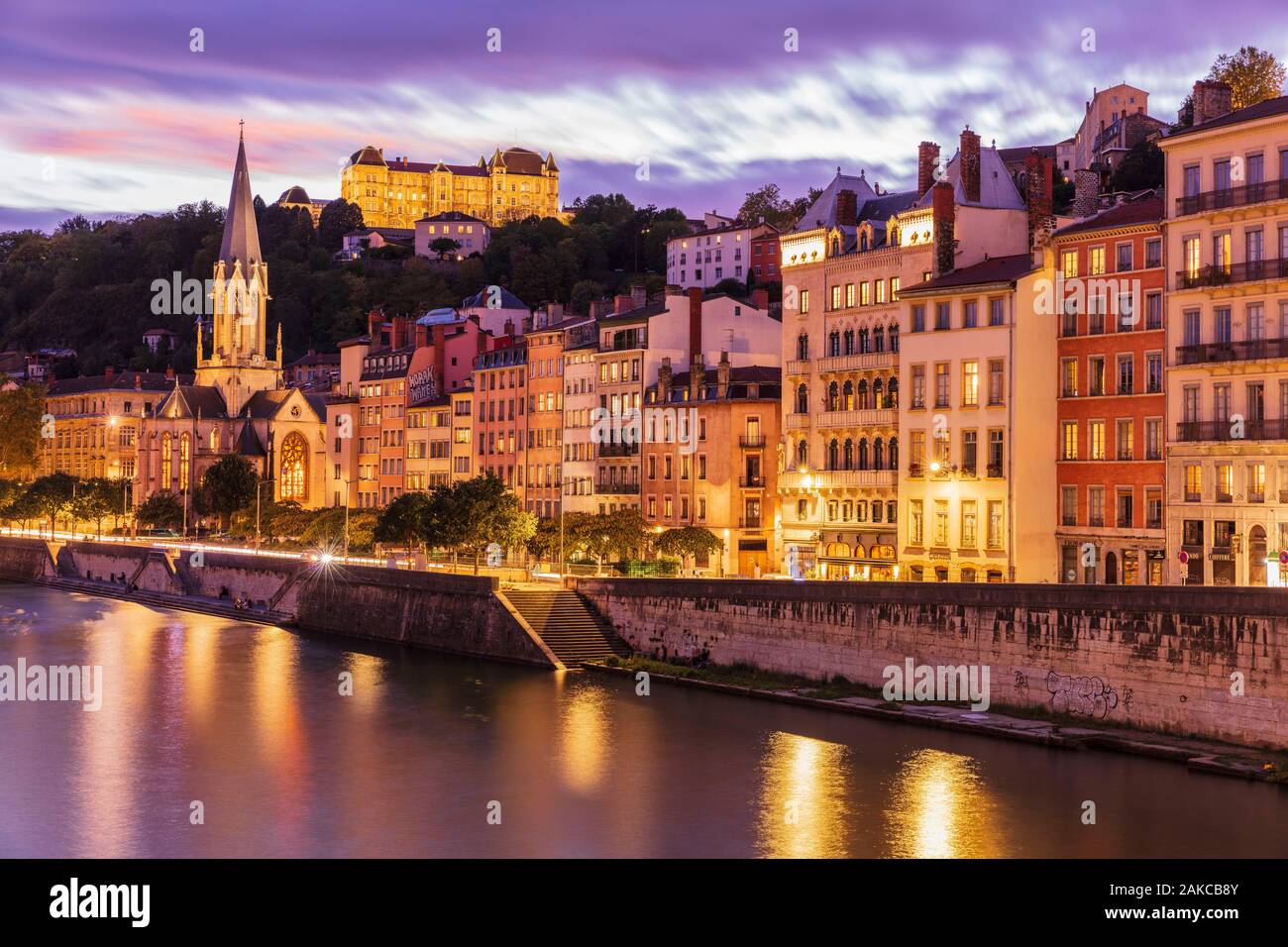 France, Rhone, Lyon, historic district listed as a UNESCO World Heritage site, Old Lyon, Quai Fulchiron on the banks of the Saone river, Saint Georges church, the Blanchon house and the Saint-Just high school on the Fourviere hill Stock Photo