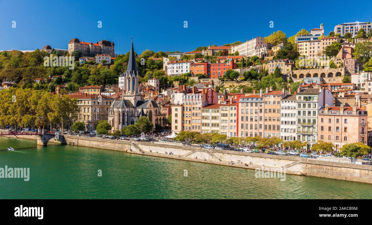 France, Rhone, Lyon, historic district listed as a UNESCO World Heritage site, Old Lyon, Quai Fulchiron on the banks of the Saone river, Saint Georges church and Saint-Just College on Fourviere hill Stock Photo