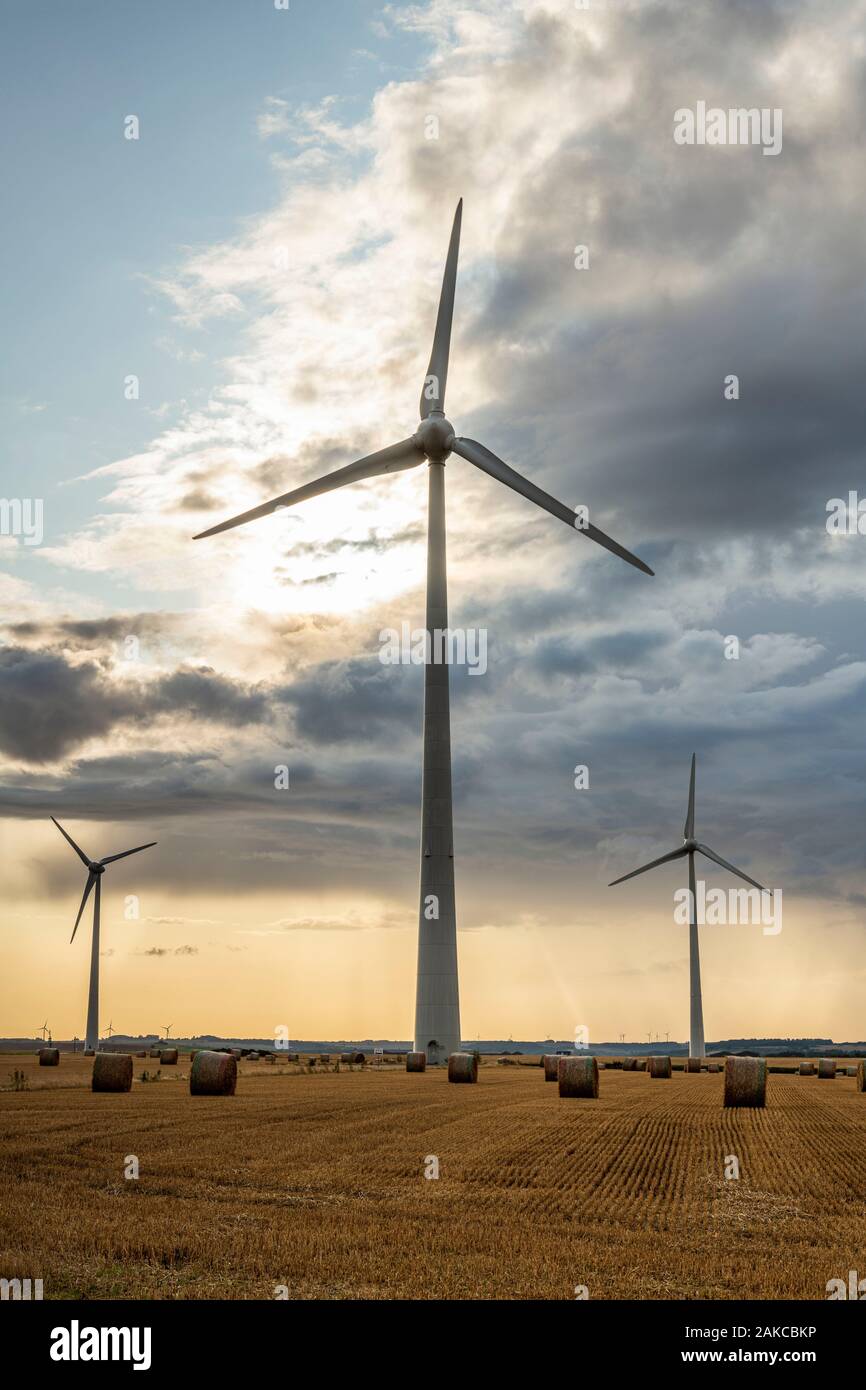 France, Somme (80), Nampont-Saint-Martin, wind turbines on stormy sky background Stock Photo