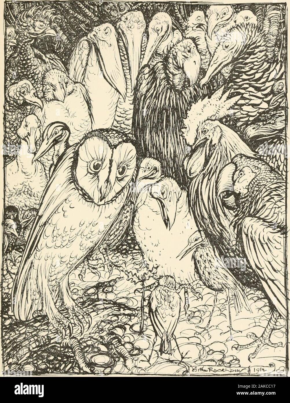 Aesop's fables . rds together and said to them, You seethis tiny tree ? If you take my advice, you will destroyit now when it is small : for when it grows big, themistletoe will appear upon it, from which birdlime willbe prepared for your destruction. Again, when the firstflax was sown, she said to them, Go and eat up thatseed, for it is the seed of the flax, out of which men willone day make nets to catch you. Once more, when shesaw the first archer, she warned the Birds that he was theirdeadly enemy, who would wing his arrows with theirown feathers and shoot them. But they took no noticeof w Stock Photo