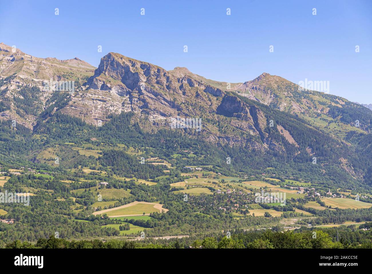 France, Hautes Alpes, Ecrins National Park, Champsaur Valley, hamlet of Saint Jean dominated by the Palastre (2276m) Stock Photo