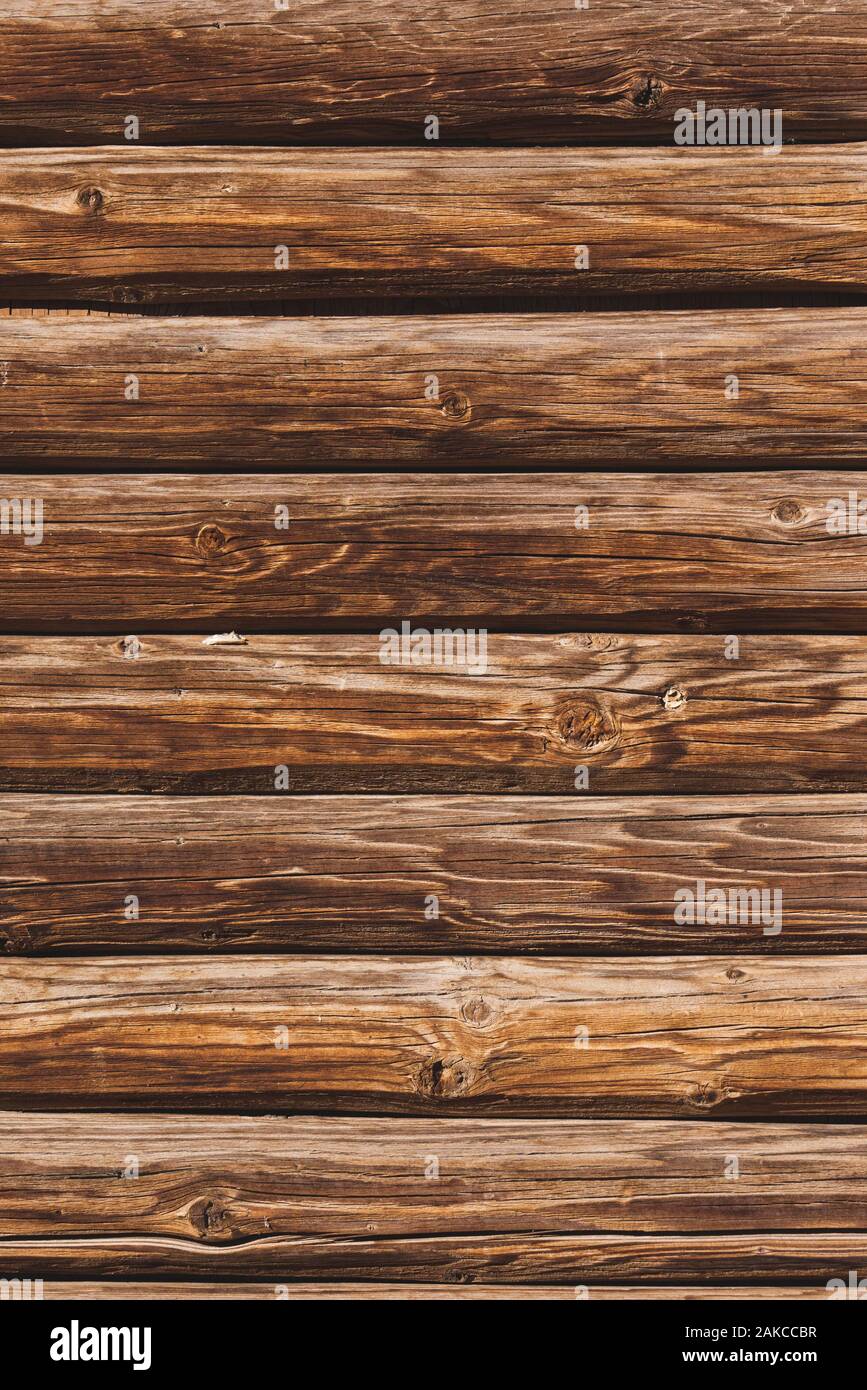 vertical view of natural rough hewn wood log wall showing grain and
