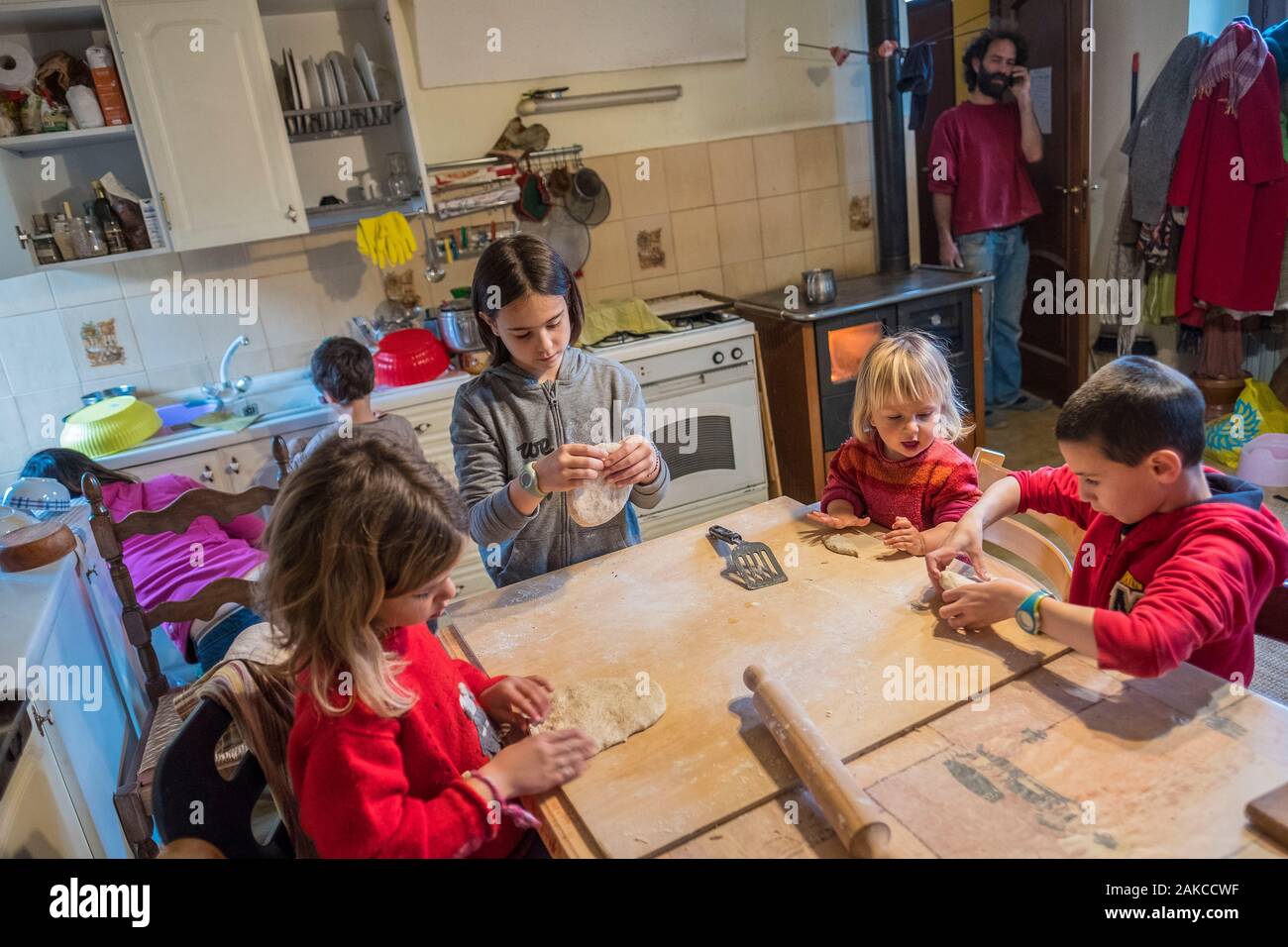 Italy, Narzole, 1st workaway in Italy, The children prepare bread and a pizza dough, Stock Photo