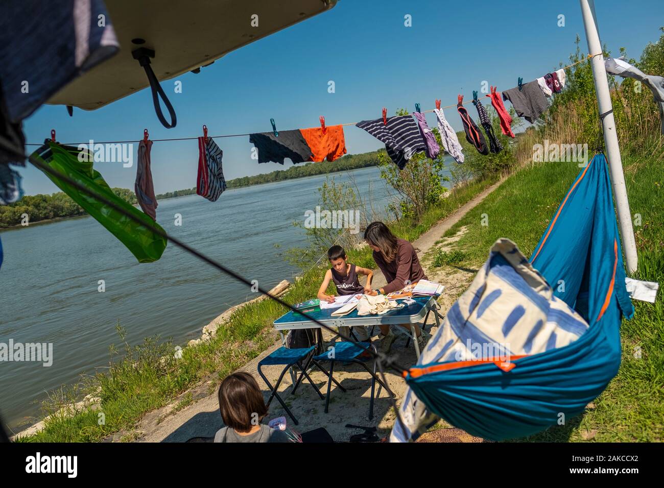 Serbia, Apatin, Northern Banat, clement goes to school in the middle of drying clothes Stock Photo