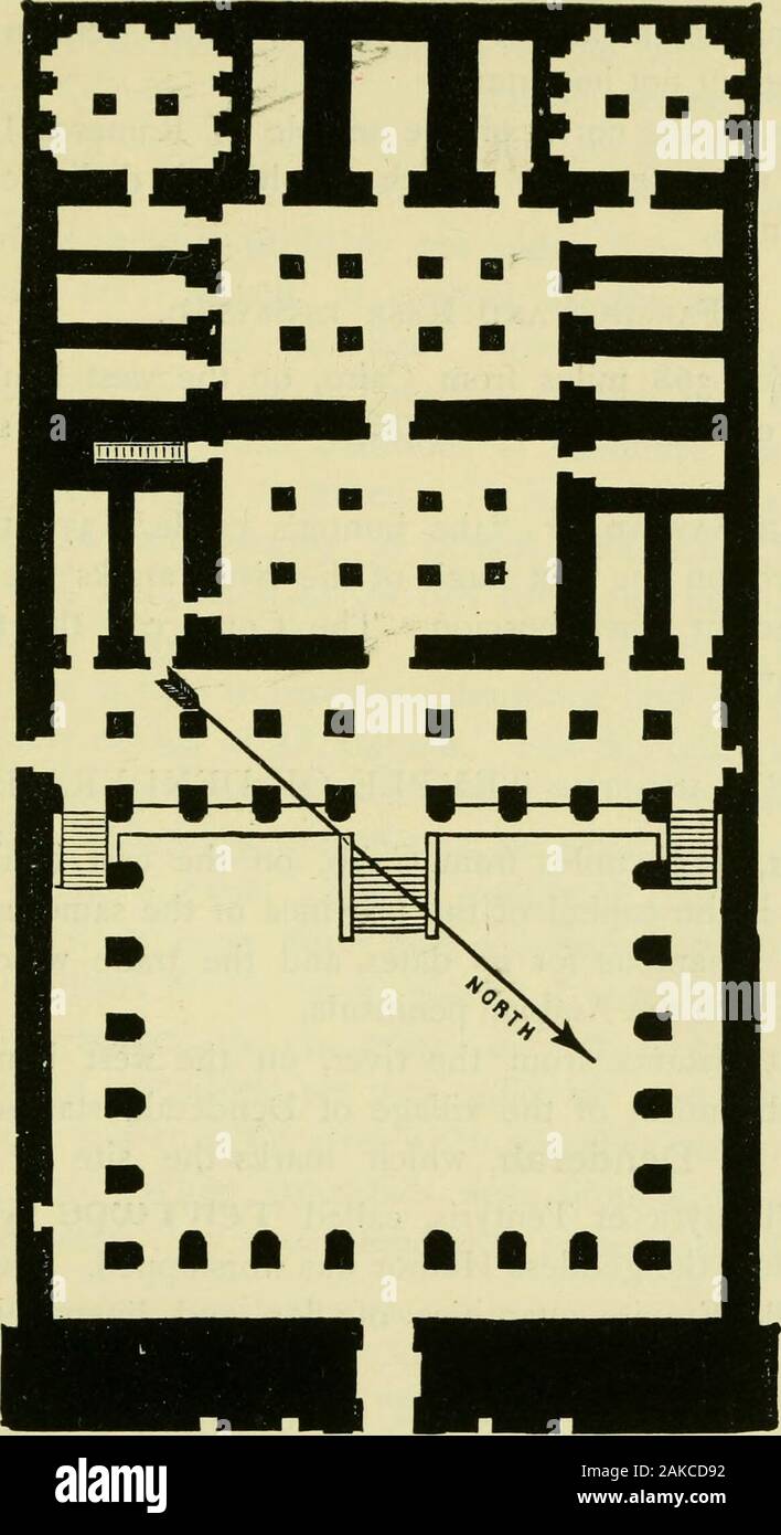 The Nile : notes for travellers in Egypt . s of six of these chambersrepresent the ceremonies which the king ought to performin them ; those in the seventh refer to the apotheosis of theking. At the end of chamber G is a door which leadsinto the sanctuary of Osiris, L, and in the corridor M is thefamous Tablet of Abydos, which gives the names ofseventy-six kings of Egypt, beginning with Menes andending with Seti I. The value of this most interestingmonument has been pointed out on p. 3. The Temple of Rameses II. was dedicated by this kingto the god Osiris ; it lies a little to the north of the Stock Photo