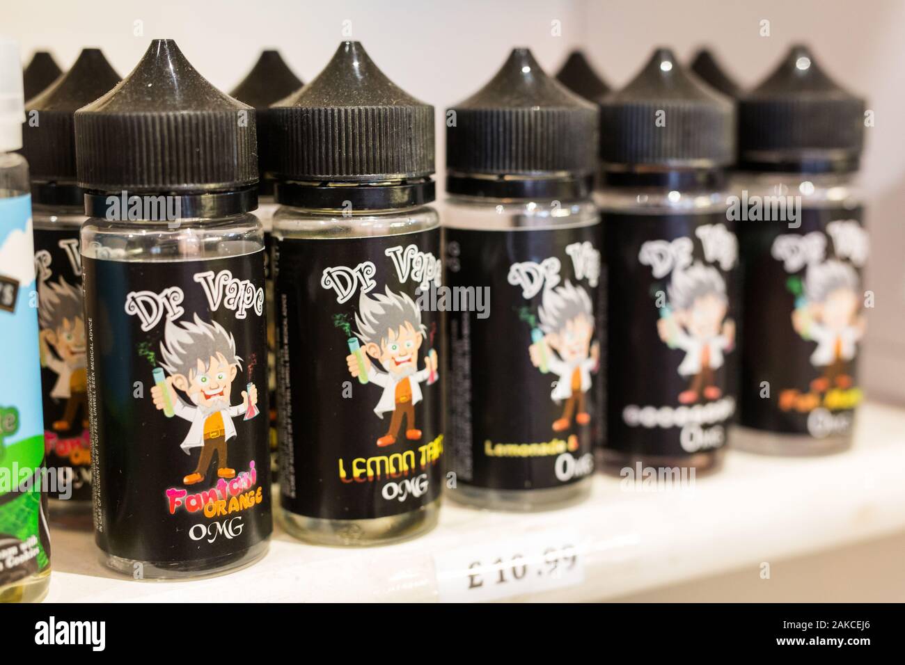 Suffolk, UK May 18 2019; New e-cigarette flavours on display for sale in a vape shop Stock Photo