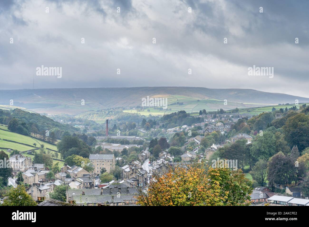 A view looking down the Holme Valley showing Holmfirth and Upperthong