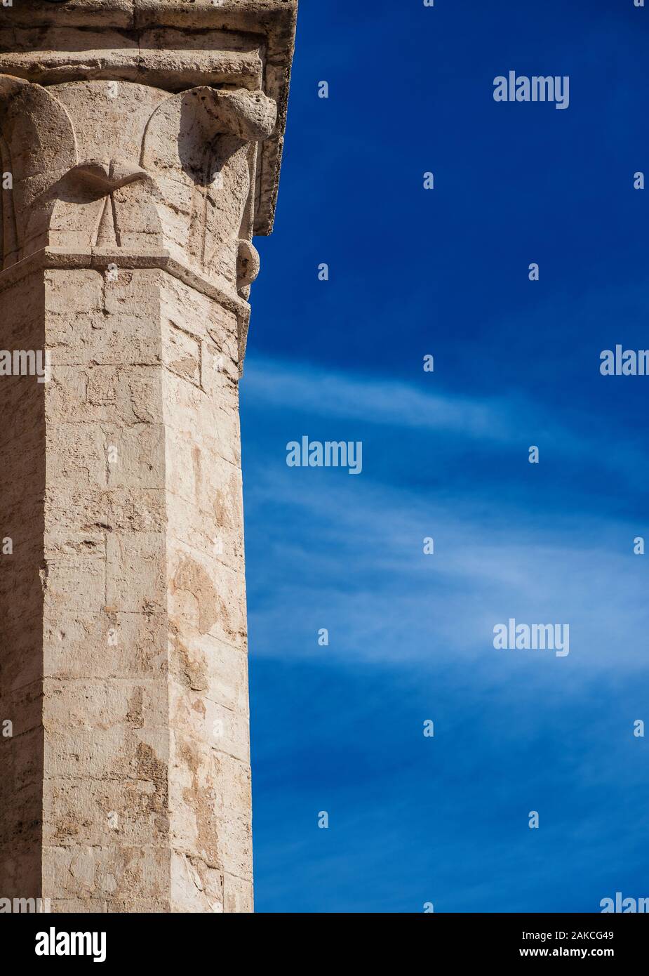 Medieval architecture in Perugia. Ancient marble column with sky and copy space Stock Photo