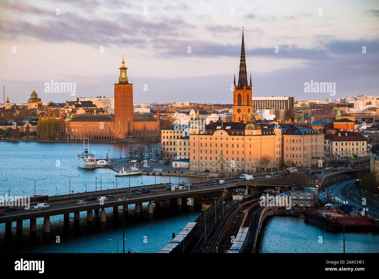 Panoramic view of Stockholm city center with famous Riddarholmen in Gamla Stan in beautiful golden morning light, Sodermalm, central Stockholm, Sweden Stock Photo