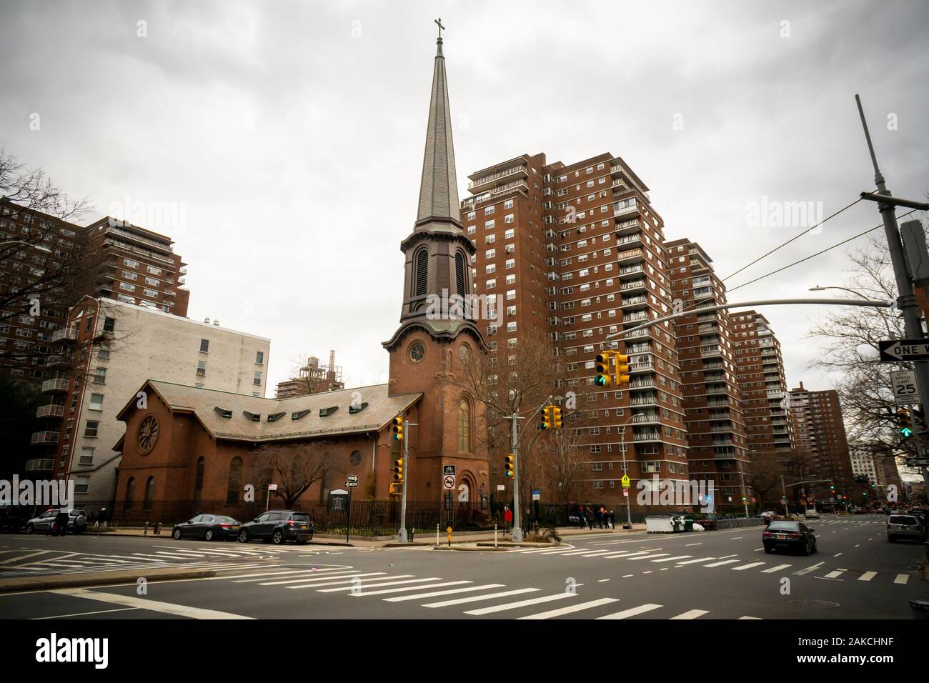 Church of the Holy Apostles in Chelsea of New York, surrounded by the Penn South affordable houseing cooperative,  on Wednesday, January 1, 2020. The church is an Episcopal parish and is home to the Holy Apostles Soup Kitchen. The soup kitchen started in 1982 and serves over 1,200 meals every weekday, including holidays.  (© Richard B. Levine) Stock Photo