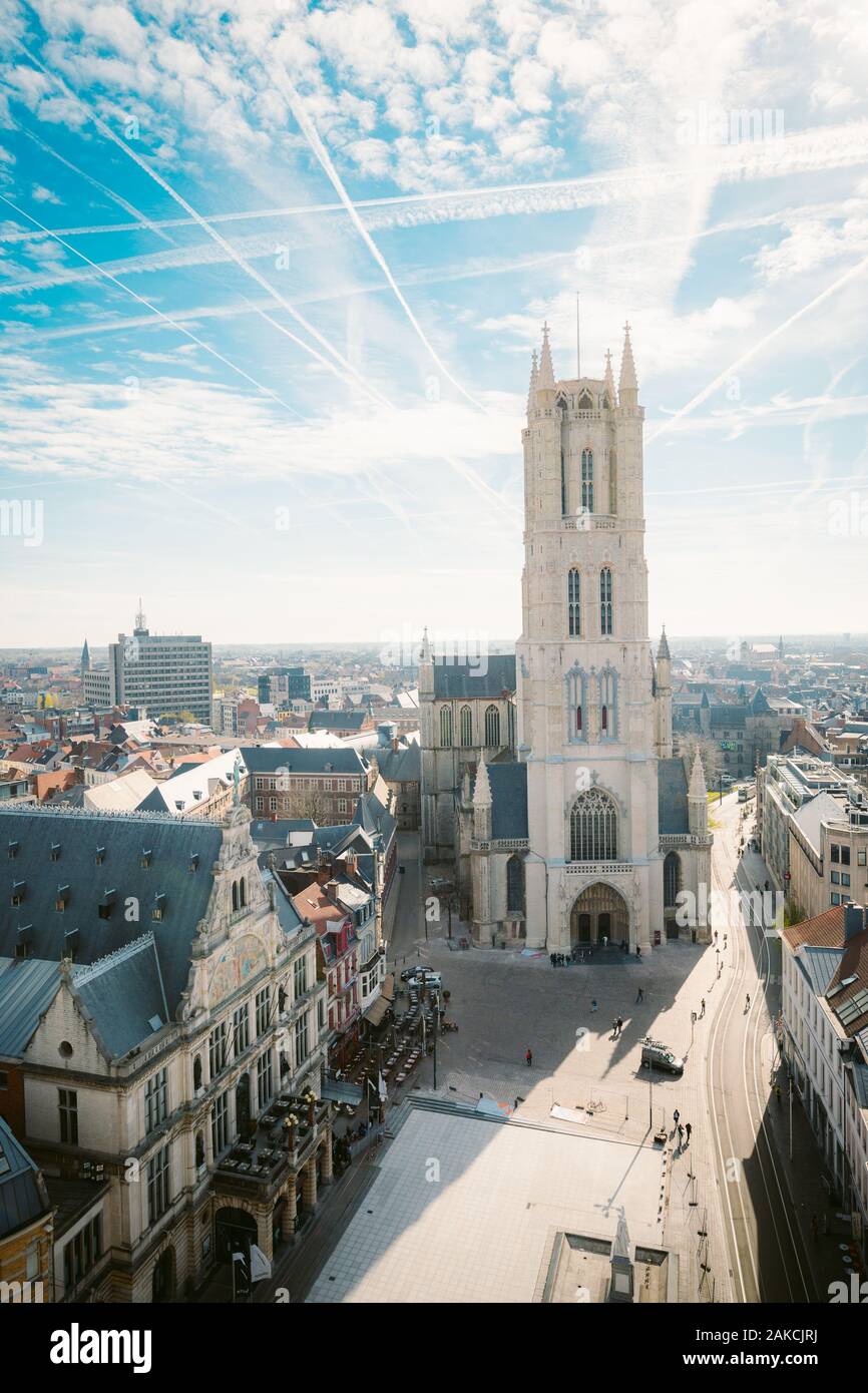 Aerial view of famous Sint-Baafskathedraal church in Ghent, Flanders region, Belgium Stock Photo