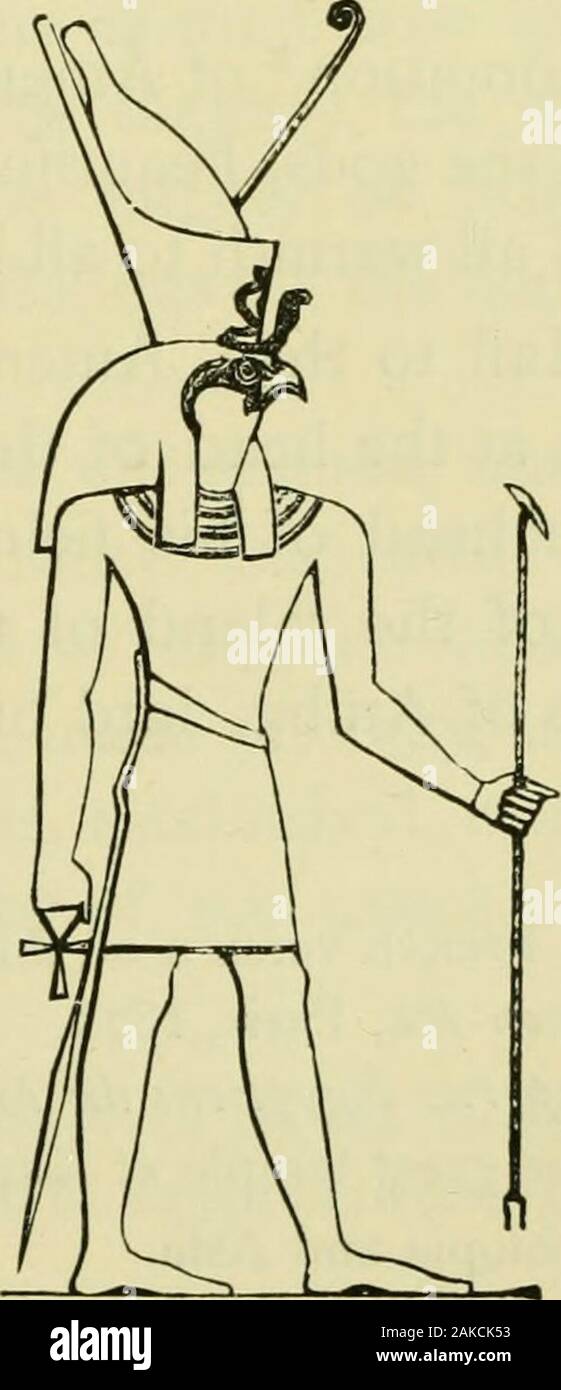 The Nile : notes for travellers in Egypt . HORUS. qS notes for travellers in EGYPT. Amen-Ra n---- ^ J), Mut, and Chonsu formed the 1 /www I i i great triad of Thebes. Amen-Ra was said to be the son of Ptah, and he seems to have usurped the attributes of many of the gods. The word Amen means hidden. His chief titles were lord of the thrones of the two lands, and king of the gods. He is represented as wearing horns and feathers, and holding rule, I dominion, 1 power, n stability. The god Amsu and was Stock Photo