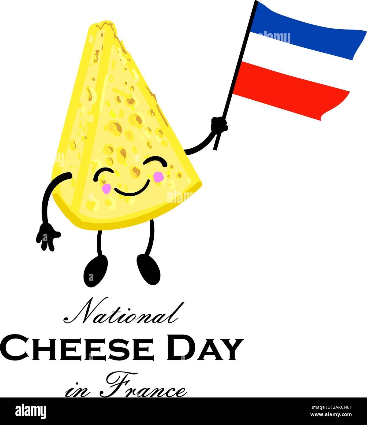 Cheese Day in France. National holiday of cheese. Cute character with arms and legs. French flag. Greeting card or poster.. Stock Vector