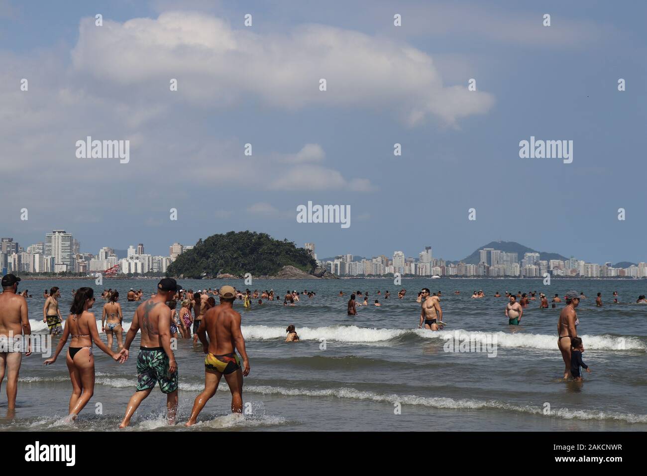 Brazilians celebrated the first day of the year with a sea bath at Itararé beach. Stock Photo