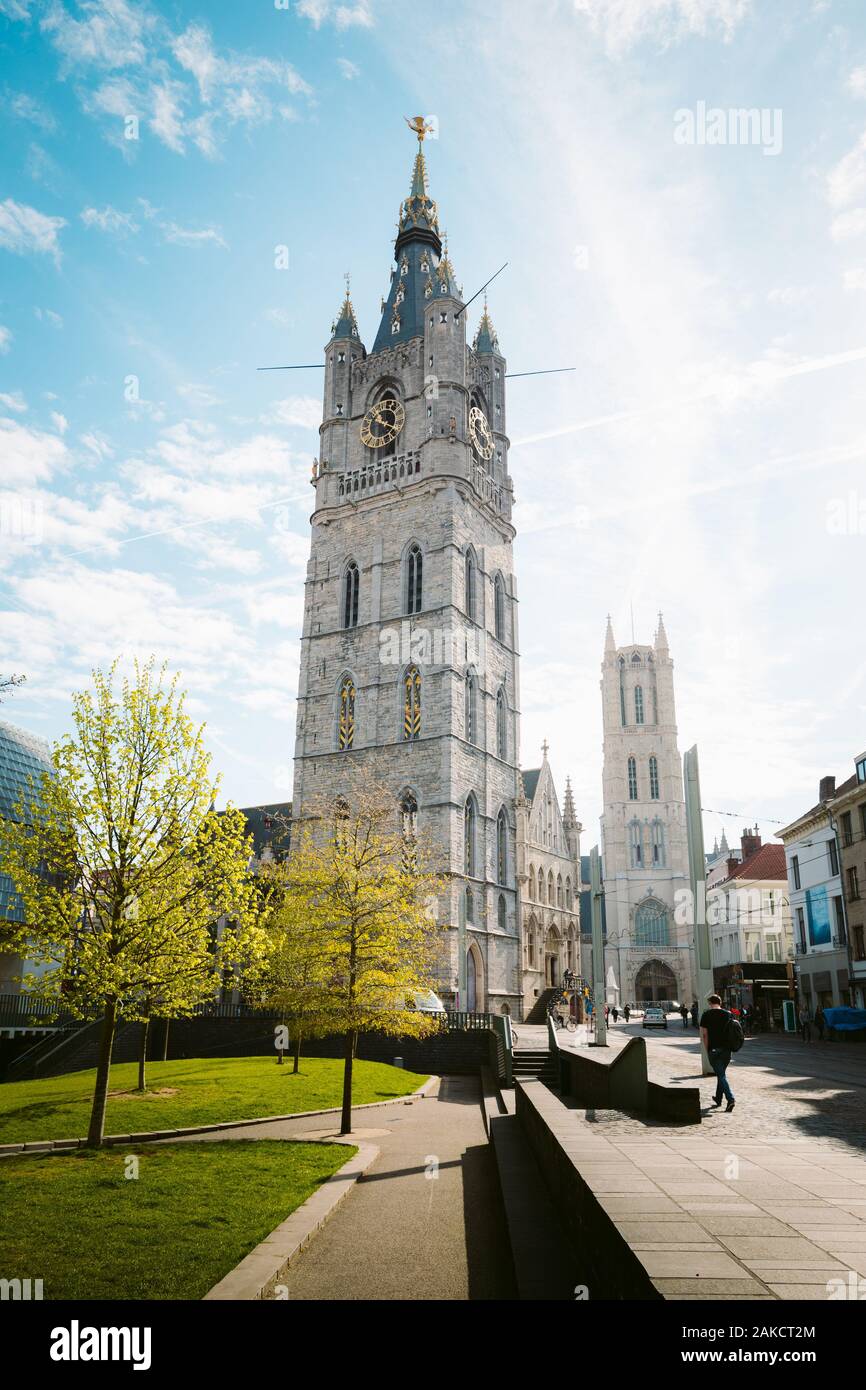 Ghent city center with famous Het Belfort van Gent belfry on a sunny day, Flanders region, Belgium Stock Photo