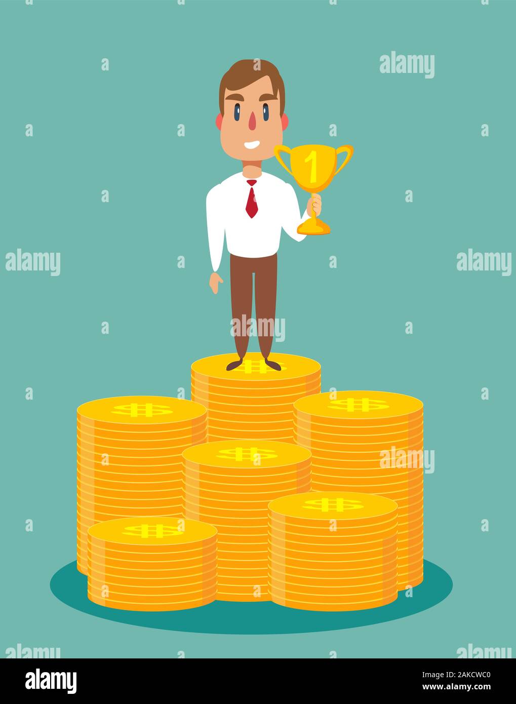 Businessman stands on large stack of coins. Stock Vector