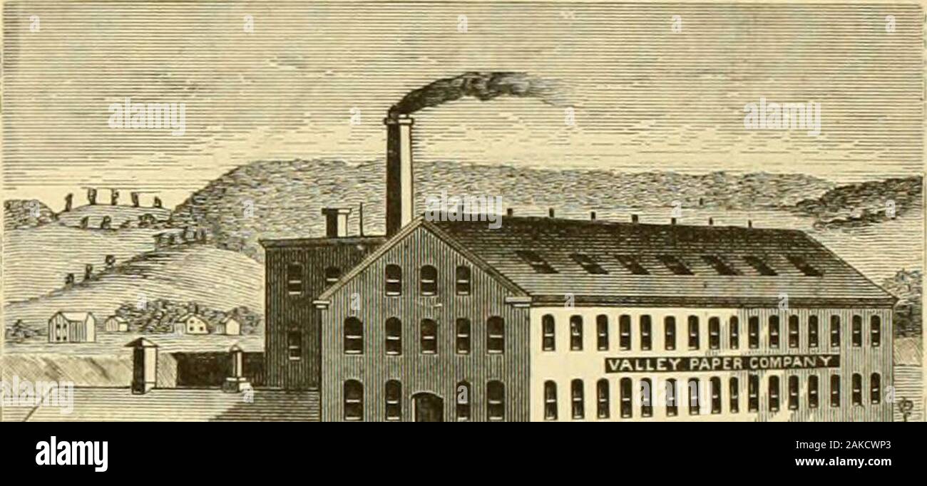History of the Connecticut Valley in Massachusetts, with illustrations and biographical sketches of some of its prominent men and pioneers . OFFllE AND FINISHING-MILLS, IKU.VOKK. has two bleach-boilers, of 3i and 2J tons respectively, and4 sheet calenders and a web calender and 2 hydraulic presses. The finishing-mill is also situated on the bank of the river,a short distance from the other mill, and, like that, is a brickstructure three stories high. The attic and third floor areused for packing, and on the second floor the paper is reeledand jogged. On the first floor are eight 6-roll calende Stock Photo