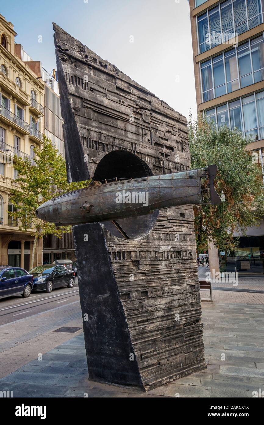 Josep Maria Subirachs sculpture of Narcís Monturiol i Estarriol's invention the steam powered submarine Ictíneo II, Barcelona, Spain. Stock Photo