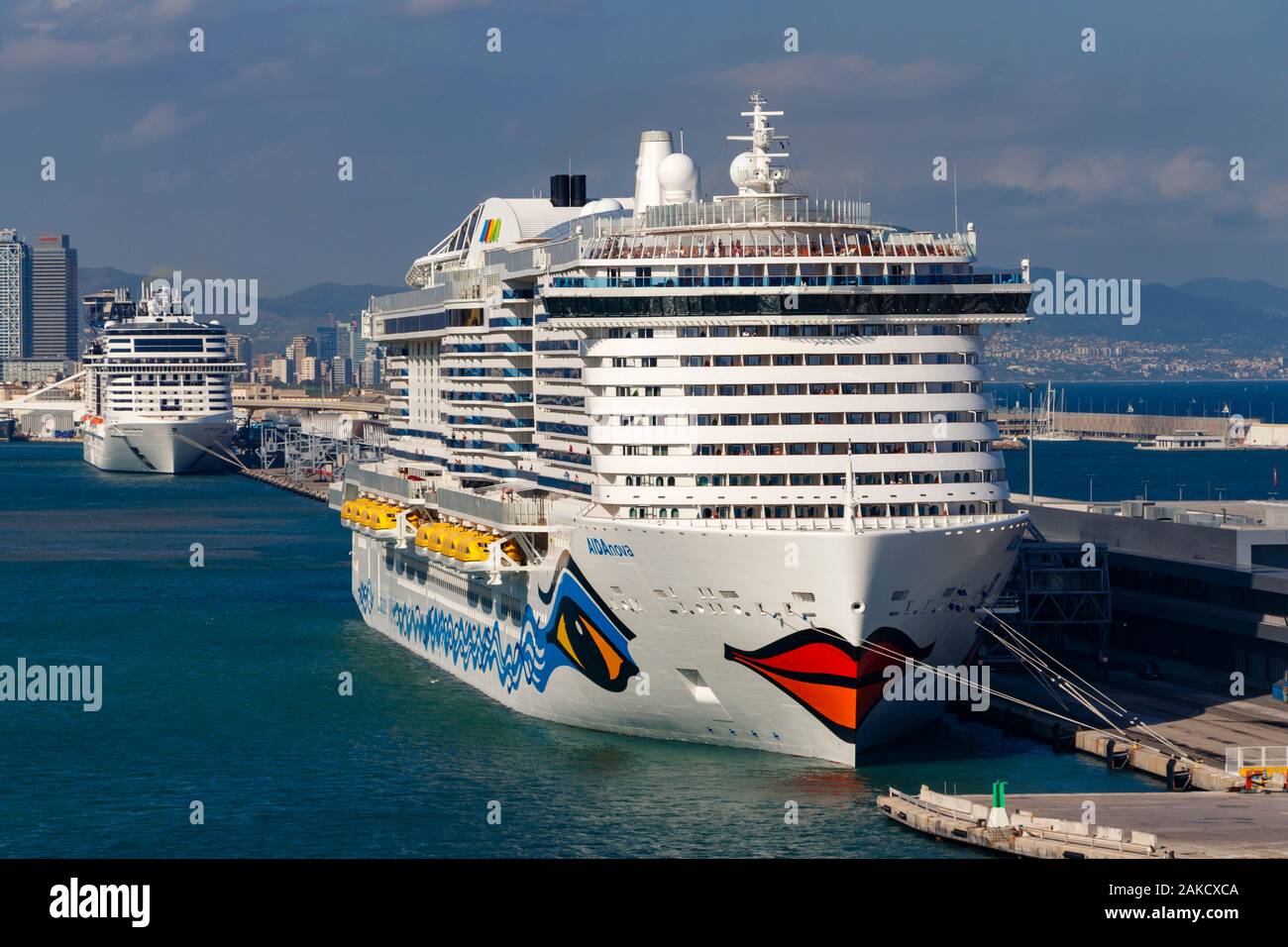 The 2018 cruise ship AIDAnova in dock at Barcelona harbour terminal, Spain. Uniquely runs on liquefied natural gas and carries up to 6500 passengers. Stock Photo