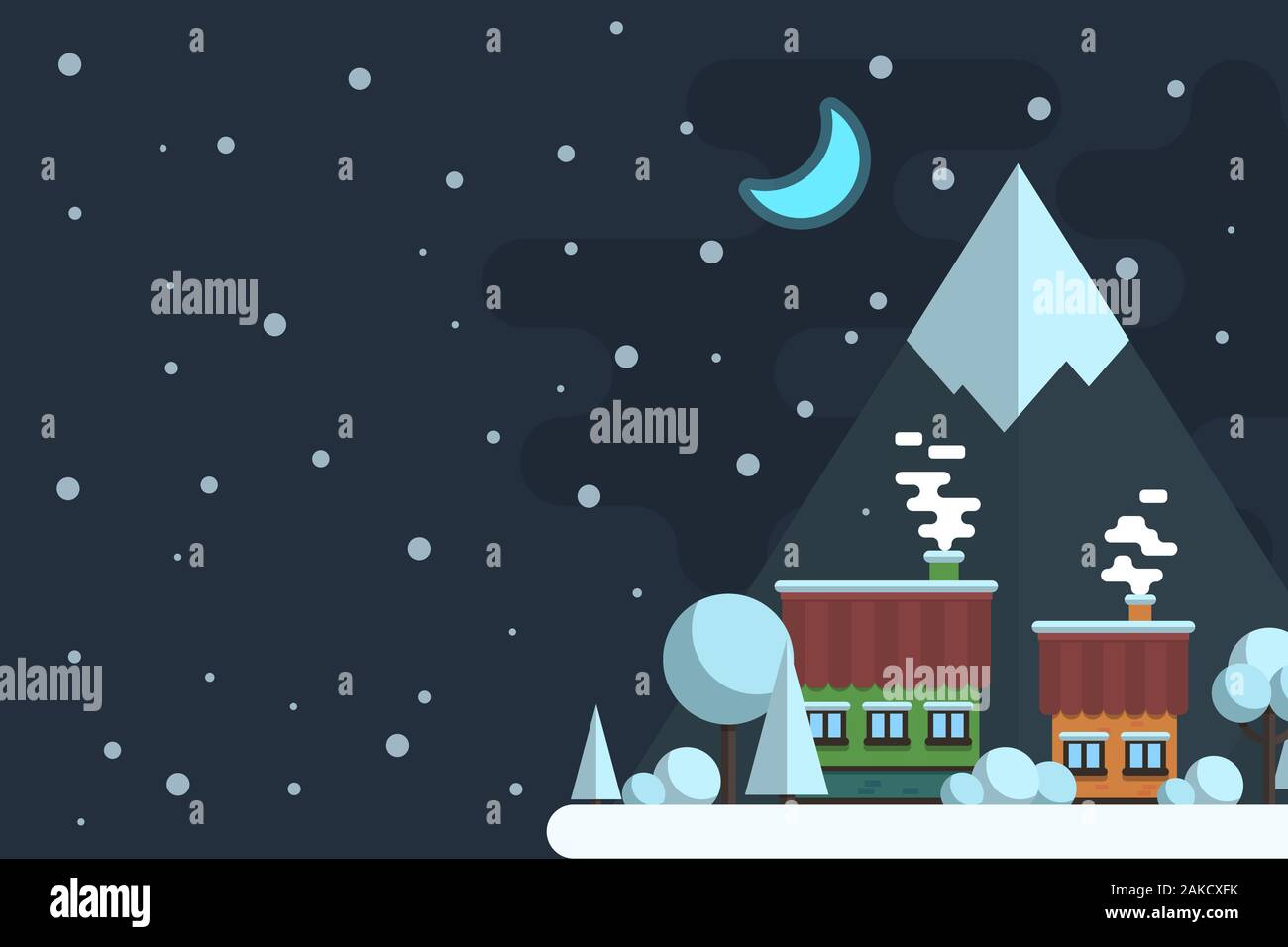 Winter night landscape. Houses on a background of mountains. Vector flat illustration. Stock Vector