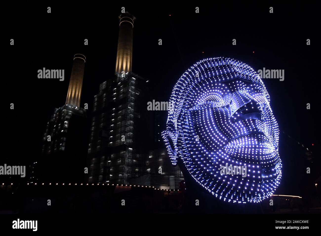 Viktor Vicsek's art installation Talking Heads is seen at Battersea Power Station in London, as part of the Light Festival which runs from 8th January to 16th February. Stock Photo