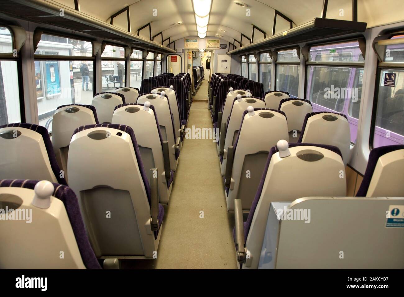 Interior of Northern Rail Class 144 'Pacer' diesel multiple unit train shortly before withdrawal from service in 2020. York, UK. Stock Photo