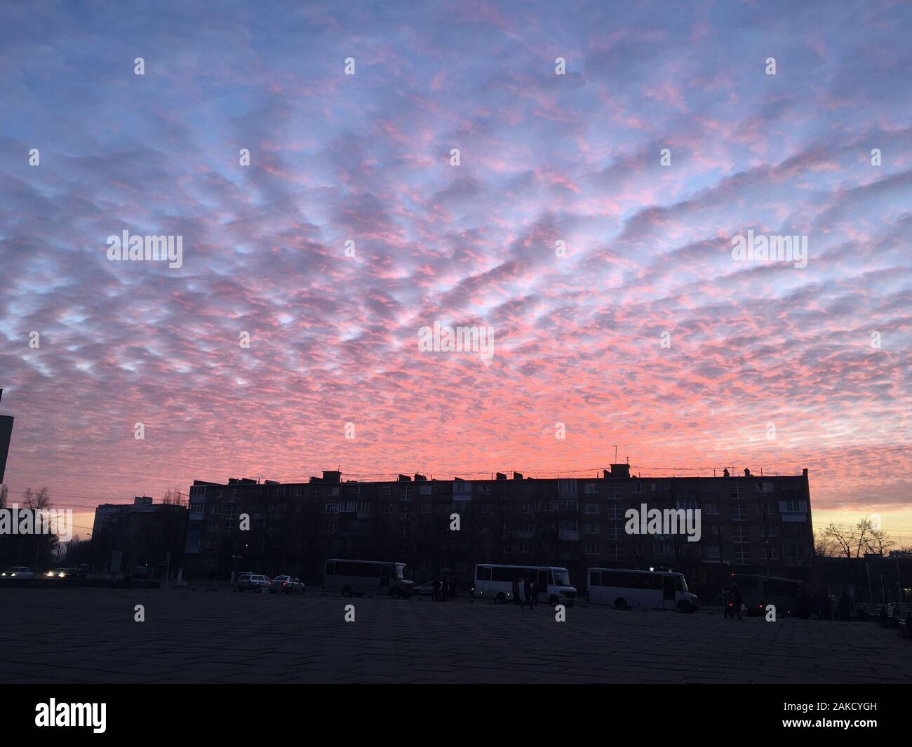 Photo of sunrise with red pile clouds in winter 2020 on December 7 in Ukraine Stock Photo