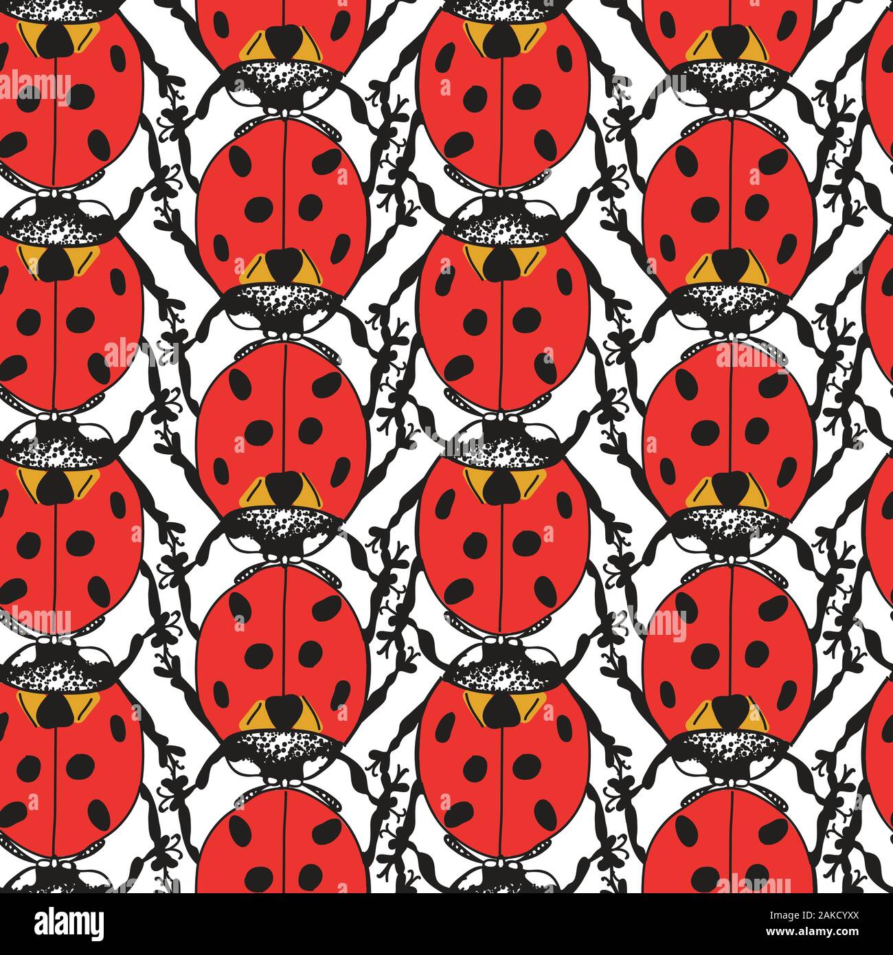 Bright Red Ladybug Beetle Coccinellidae Design Seamless Pattern on White Background Stock Vector