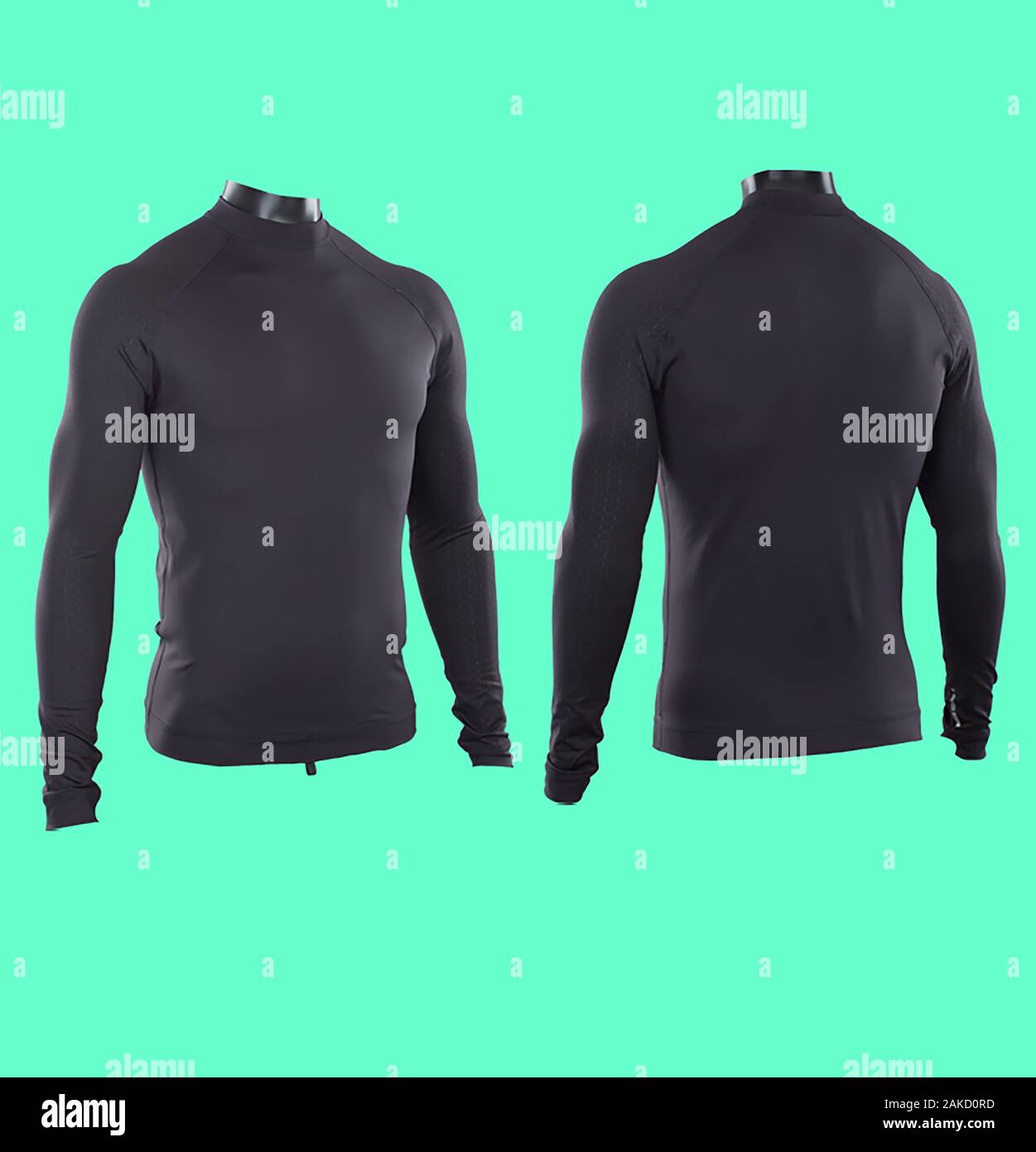 Long sleeved black color Rash guard for men on cyan background ,Front and Back view Stock Photo