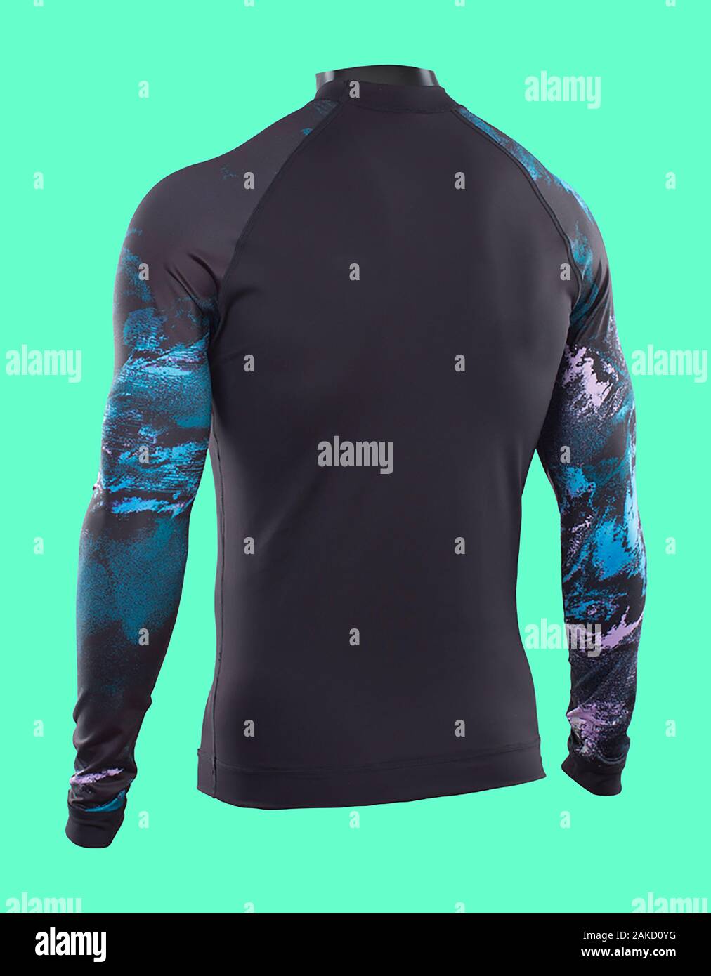 Long sleeved capsule color Rash guard for men on cyan background ,Back