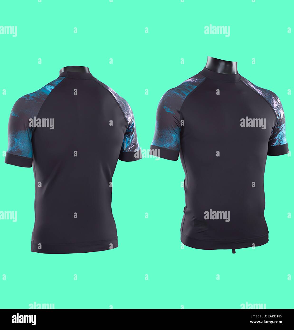 Short sleeved capsule color Rash-guard for men on cyan background ...