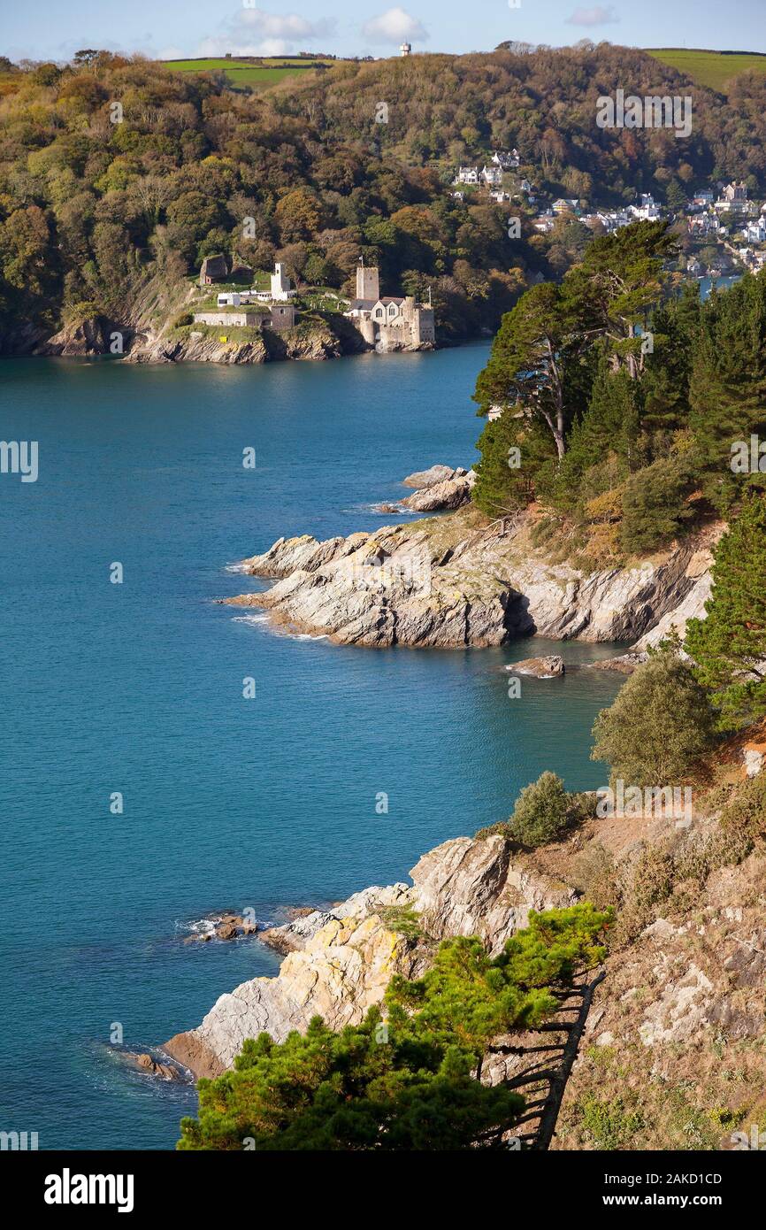 Dartmouth Castle on the Dart Estuary viewed from the South West Coast Path in Kingswear, South Devon, England Stock Photo