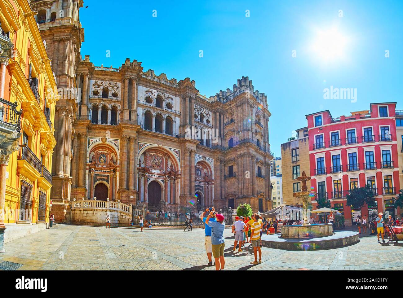 MALAGA, SPAIN - SEPTEMBER 26, 2019: Historical Plaza Obispo square with its main landmarks - Bishop's Palace (Palacio Episcopal) and Malaga Cathedral, Stock Photo
