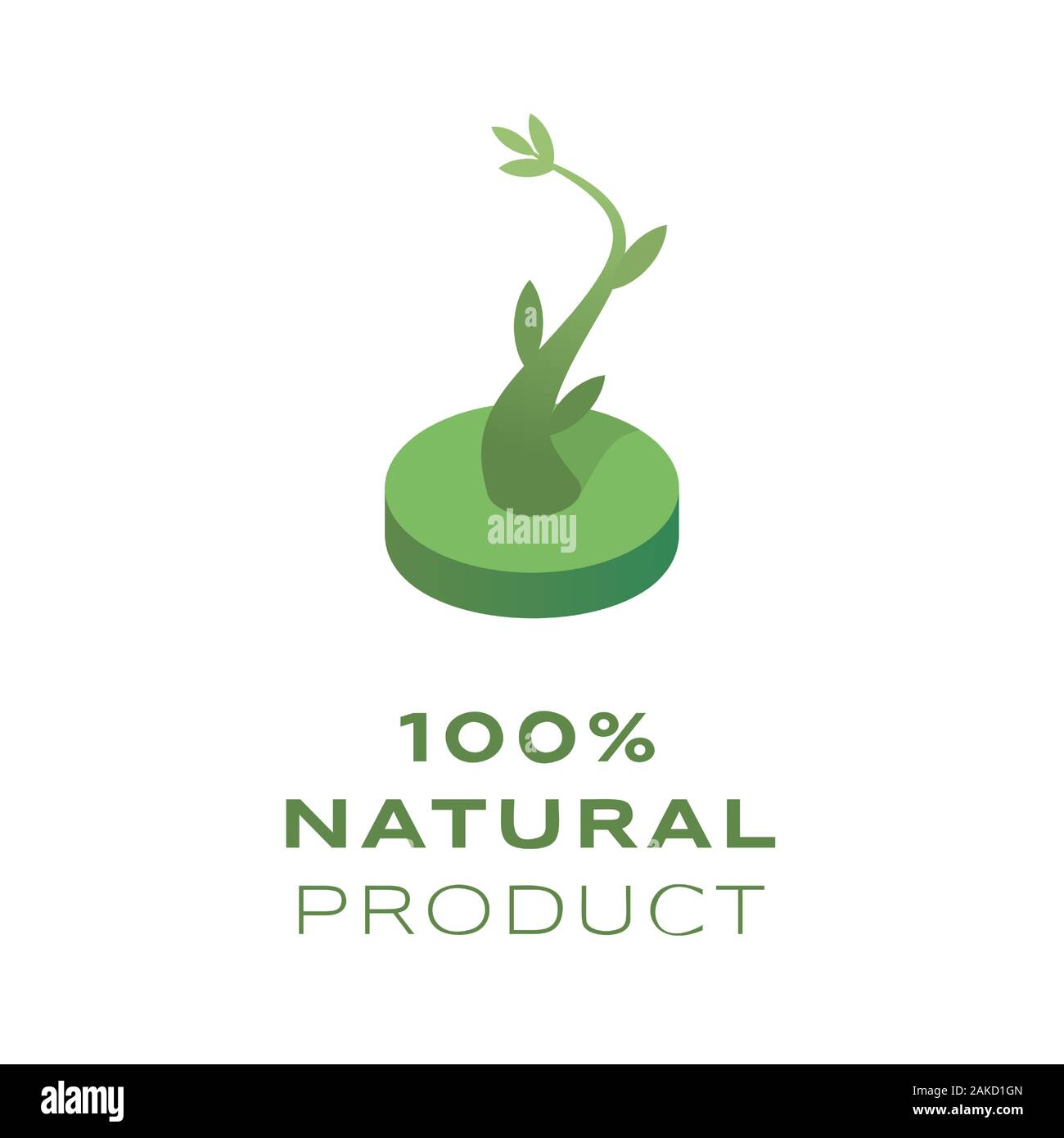 Young green sprout isometric vector illustration. Plant sprig with 100 percent natural product typography. Quality assurance label, botanical logotype design element, organic production concept Stock Vector