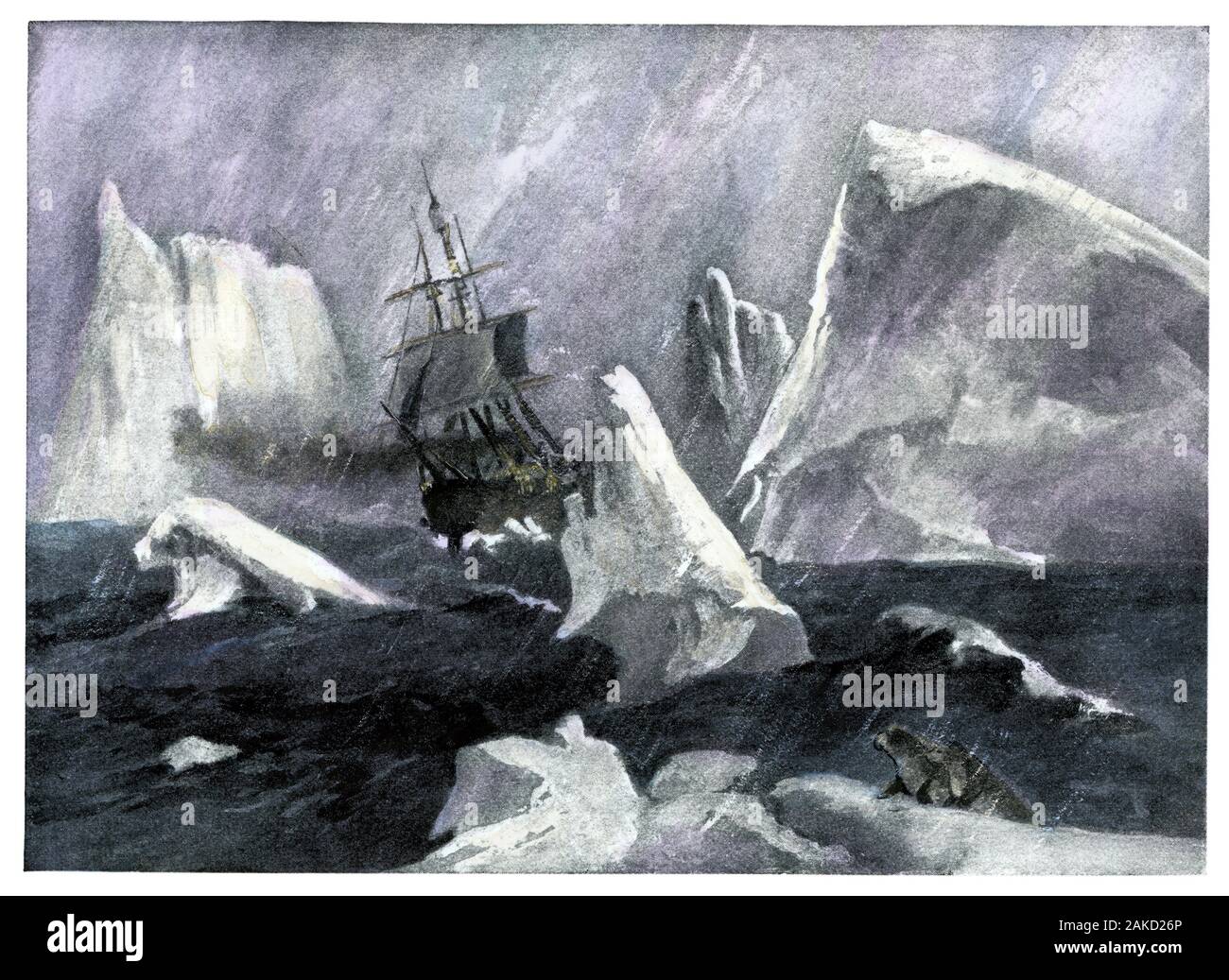 Borchgrevink expedition in Antarctic ice, 1894. Hand-colored halftone Stock Photo