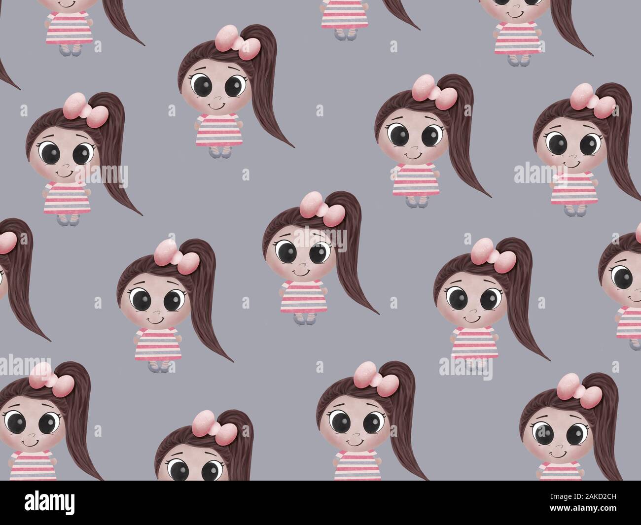 Illustration of a pattern with many cute dark-haired girls in pink and gray with a tail,in dress and bow on a gray background.Use in children's print Stock Photo