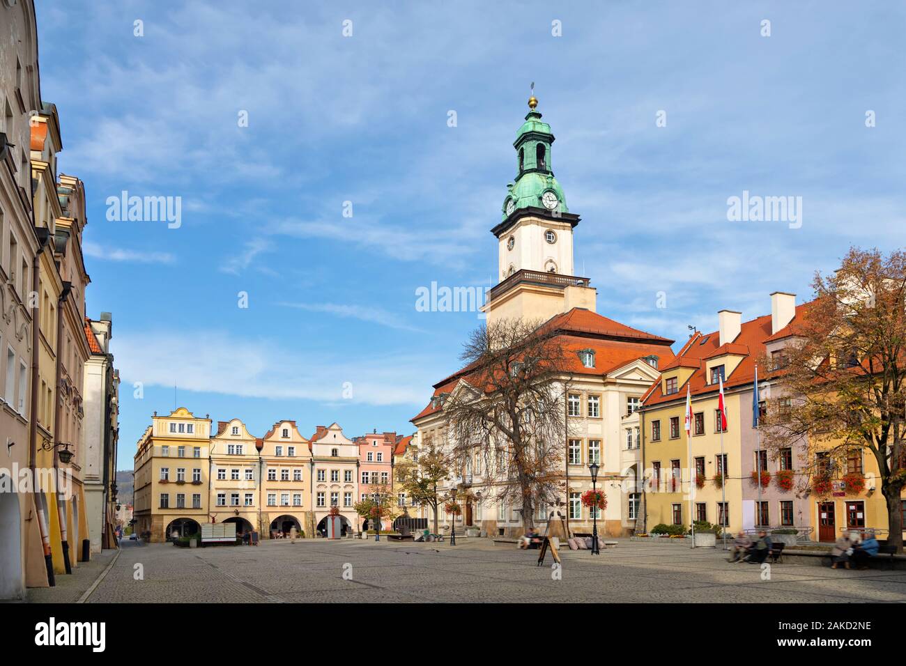 Jelenia Gora, Poland. View of Market square (Rynek Jeleniogorski) with historic building of Town Hall Stock Photo
