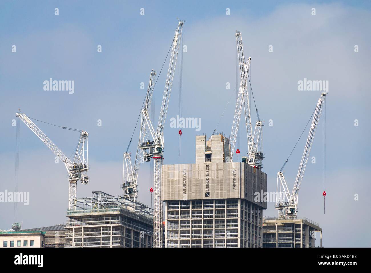 Construction of the Southbank Place office, residence and retail buildings with cranes on roof, London, UK Stock Photo