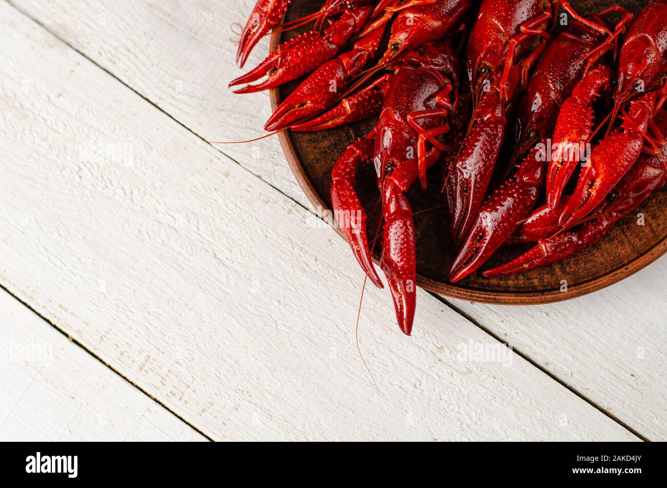 A plate with crayfish on white wooden background. Copy space, selective