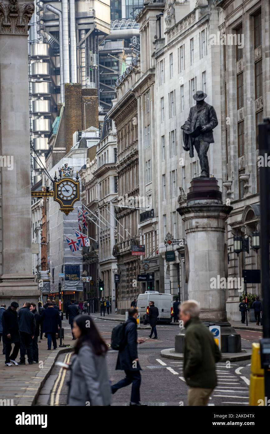 Banking district in London, Cornhill Street, statue of James Henry Greathead, Great Britain, Stock Photo
