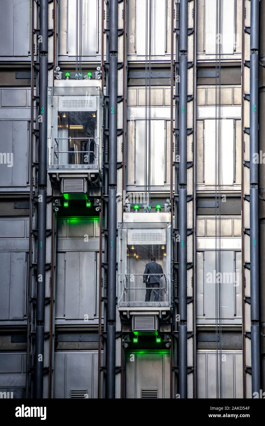 Banking district, Lloyd's of London building, elevators, United Kingdom, Stock Photo