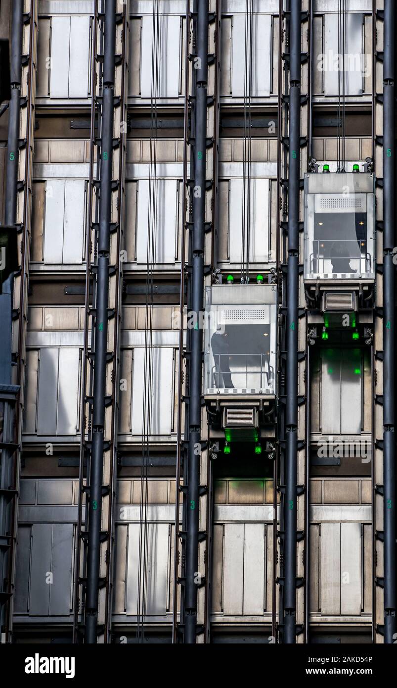 Banking district, Lloyd's of London building, elevators, United Kingdom, Stock Photo