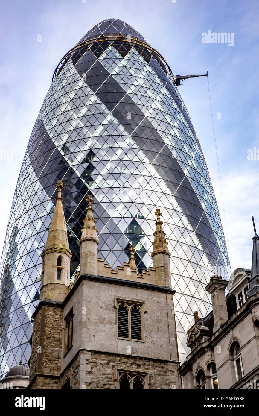 Banking district, 30 St Mary Axe buildings, The Gherkin, BPP - London - London City Centre building UK, Stock Photo
