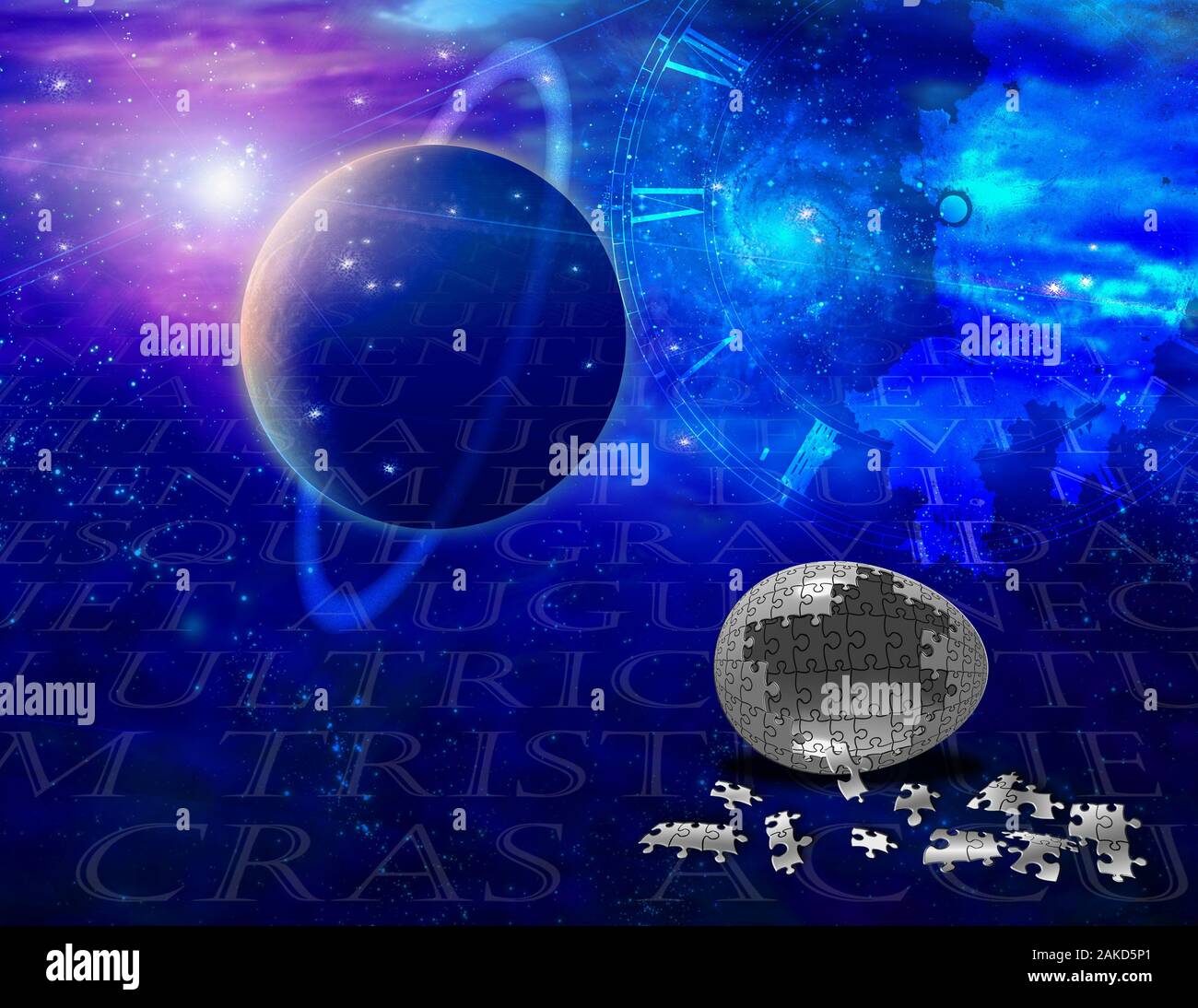 Egg symbolizes the puzzle of life. and clock face in vivid space Stock Photo Alamy