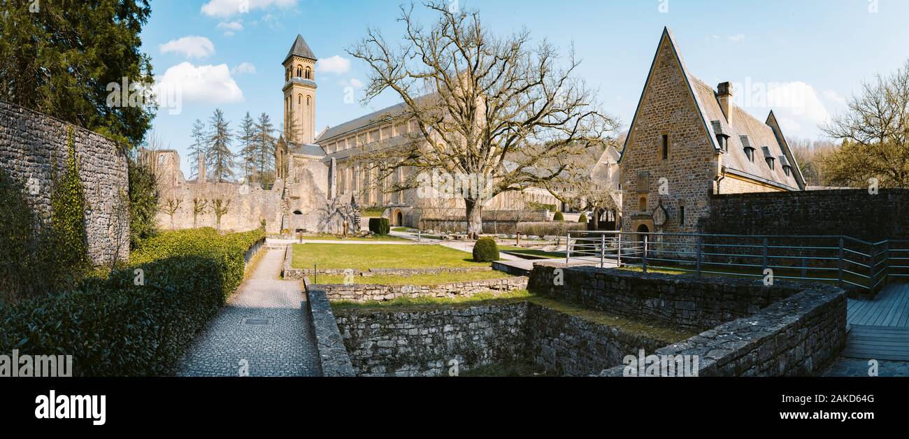Beautiful view of famous Abbaye Notre-Dame d'Orval, a Cistercian monastery founded in 1132, Gaume region, Belgium Stock Photo