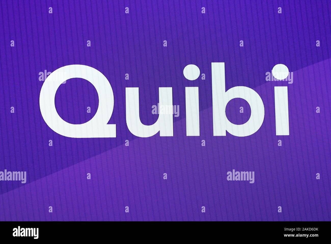 Las Vegas, United States. 08th Jan, 2020. A view of the Quibi logo on stage during a Keynote address at the 2020 International CES, at the Park MGM Theatre in Las Vegas, Nevada on Tuesday, January 8, 2020. Founded by Hollywood mogul Jeffrey Katzenberg to provide movie content for smartphones, the company name comes from an abbreviation of 'Quick Bites'. Photo by James Atoa/UPI Credit: UPI/Alamy Live News Stock Photo