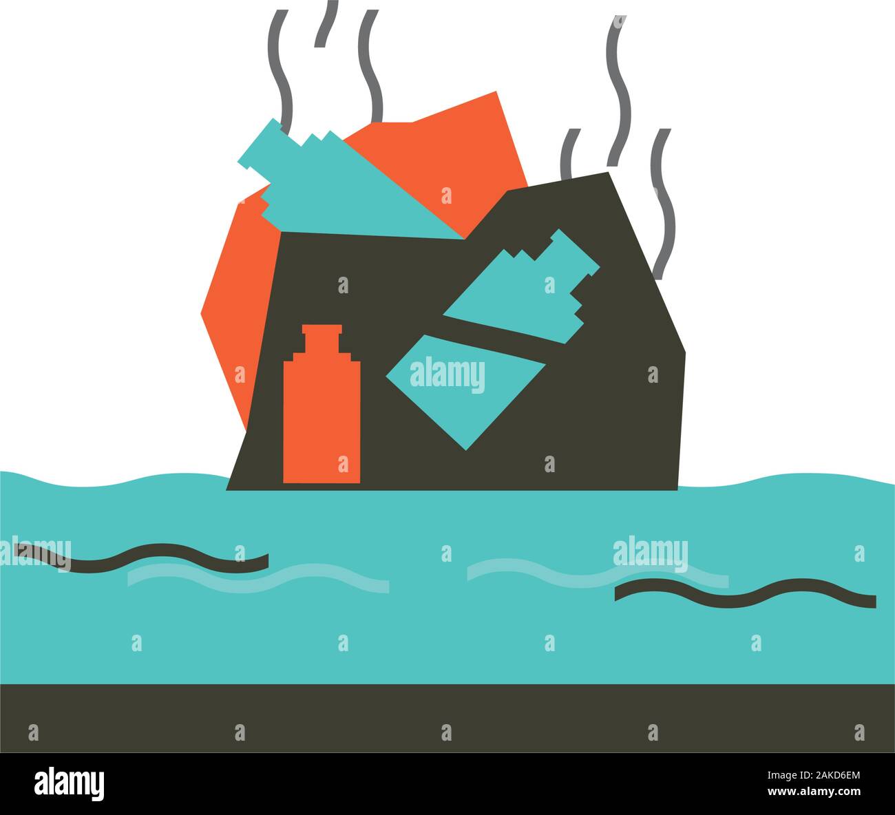 Plastic bottles trash and sea design, Pollution factory environment