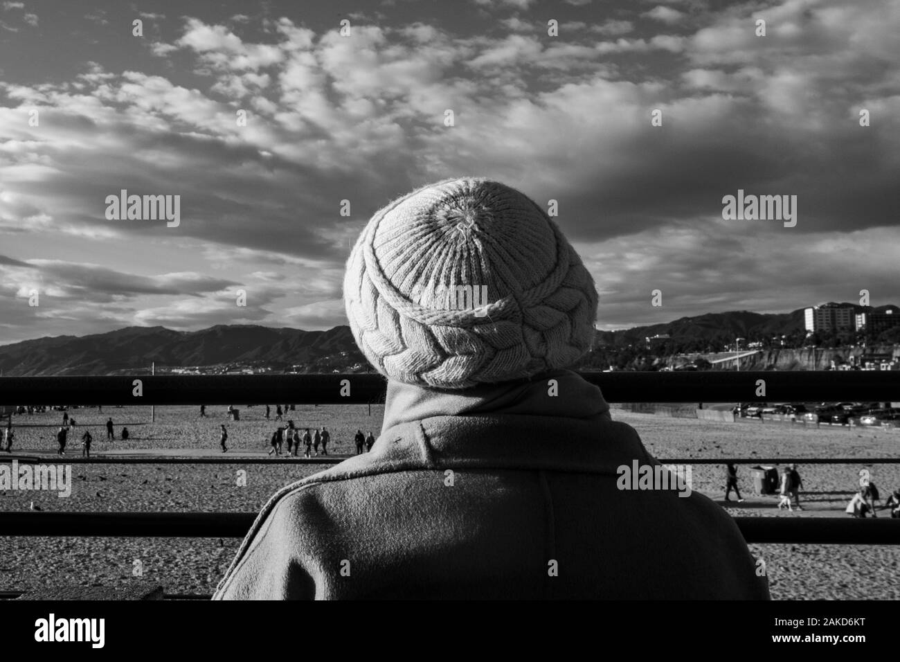 Old woman enjoys a view of the Pacific. Santa Monica, Los Angeles, California, USA Stock Photo